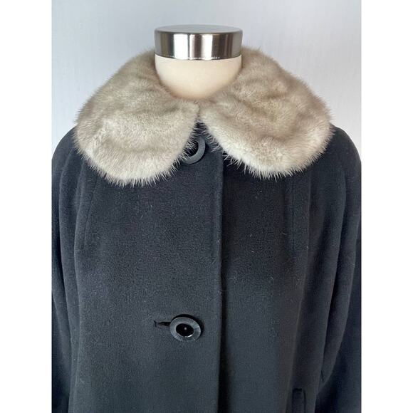 Vintage 1950s Black Cashmere Wool Coat Silver Gray Mink Fur Collar Rare Small/M - Picture 3 of 10